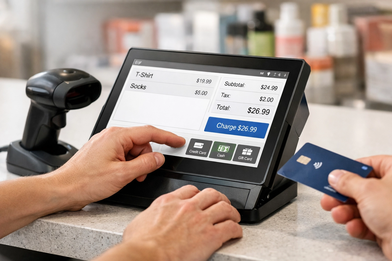 Retail assistant processing contactless payment on touchscreen POS system at checkout counter