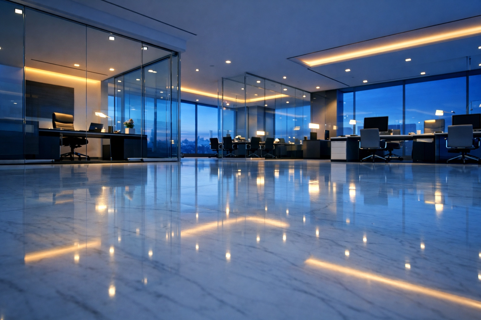 Spotless corporate office with gleaming floors, a result of professional commercial cleaning services in Holliston.