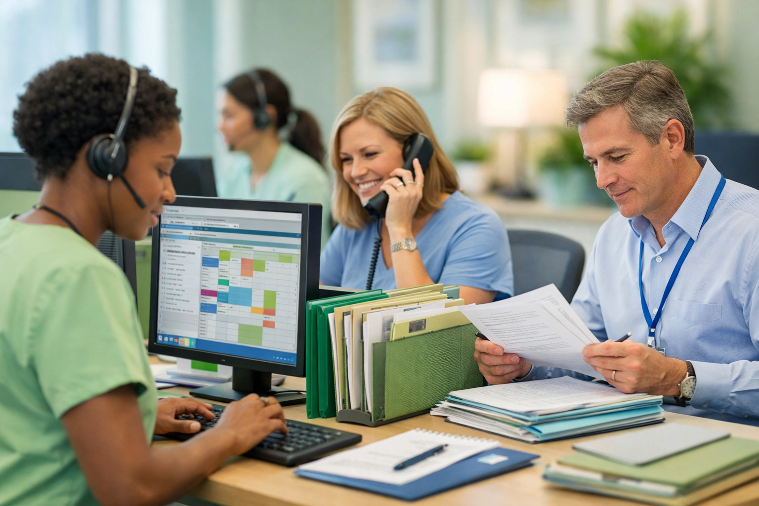 Care coordination team managing case files and client scheduling in behavioral health practice