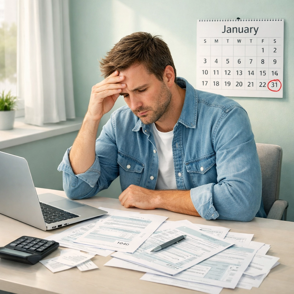 Business owner reviewing missed January 31st tax deadline with scattered forms on desk