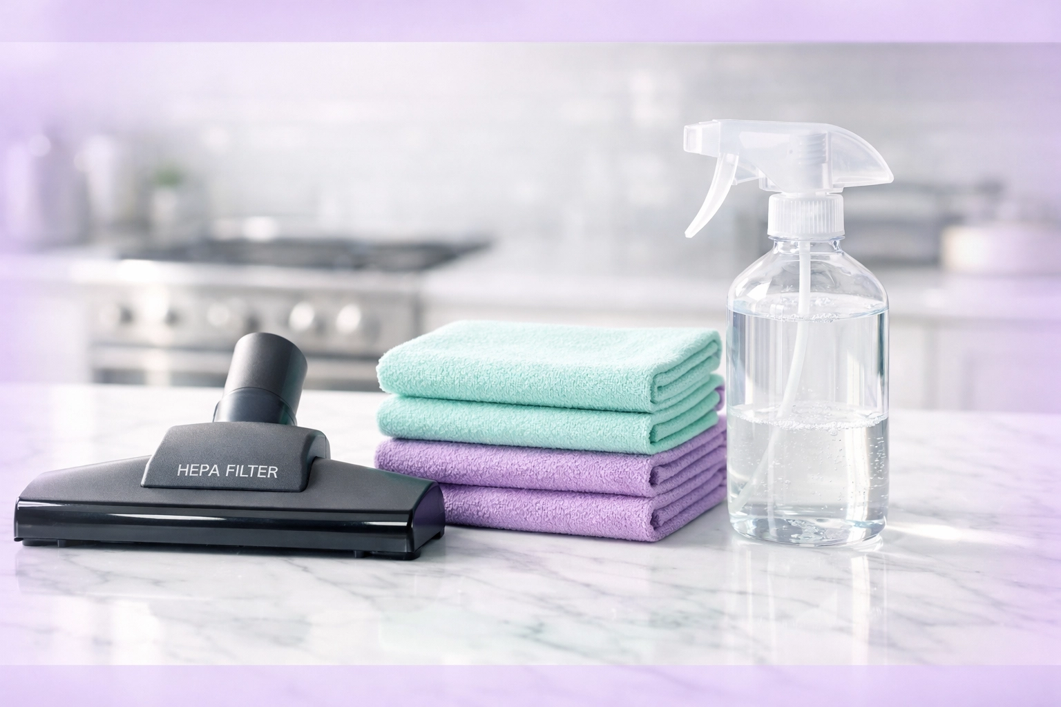 High-end cleaning gear including HEPA vacuums and microfiber cloths used by Shine Co for intensive deep cleans.