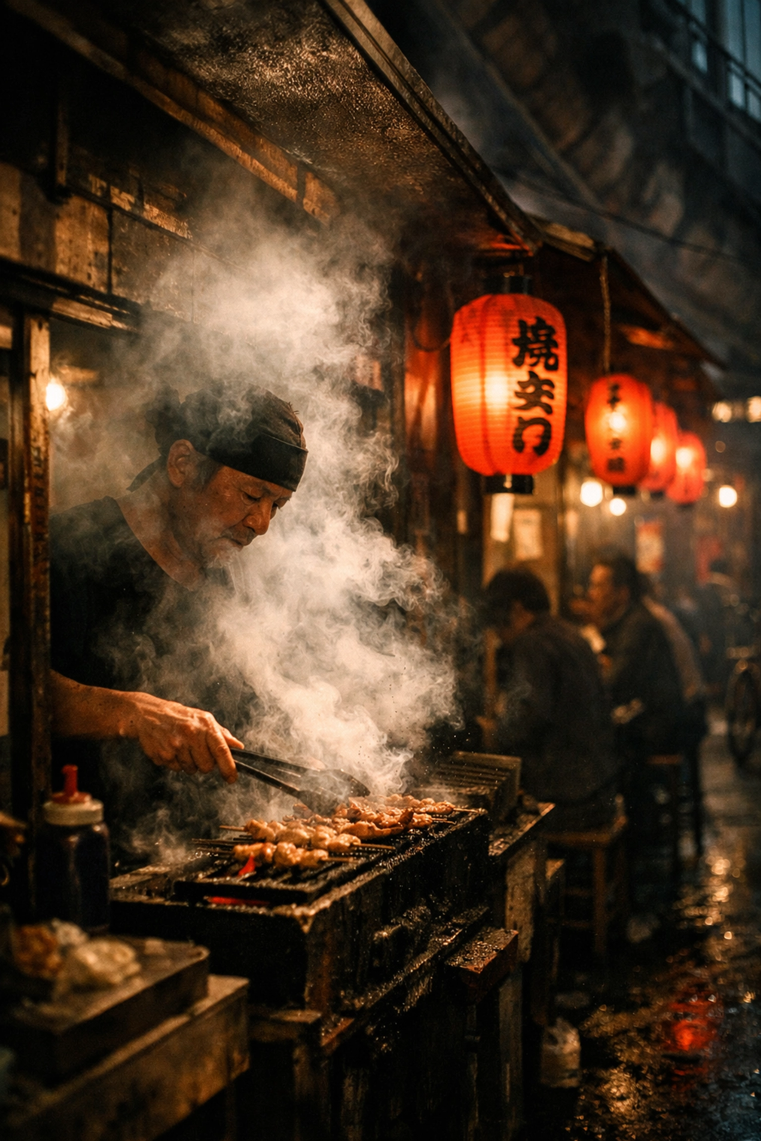 Street food photography of a yakitori stall under the tracks in Yurakucho, a top photo spot in Tokyo.