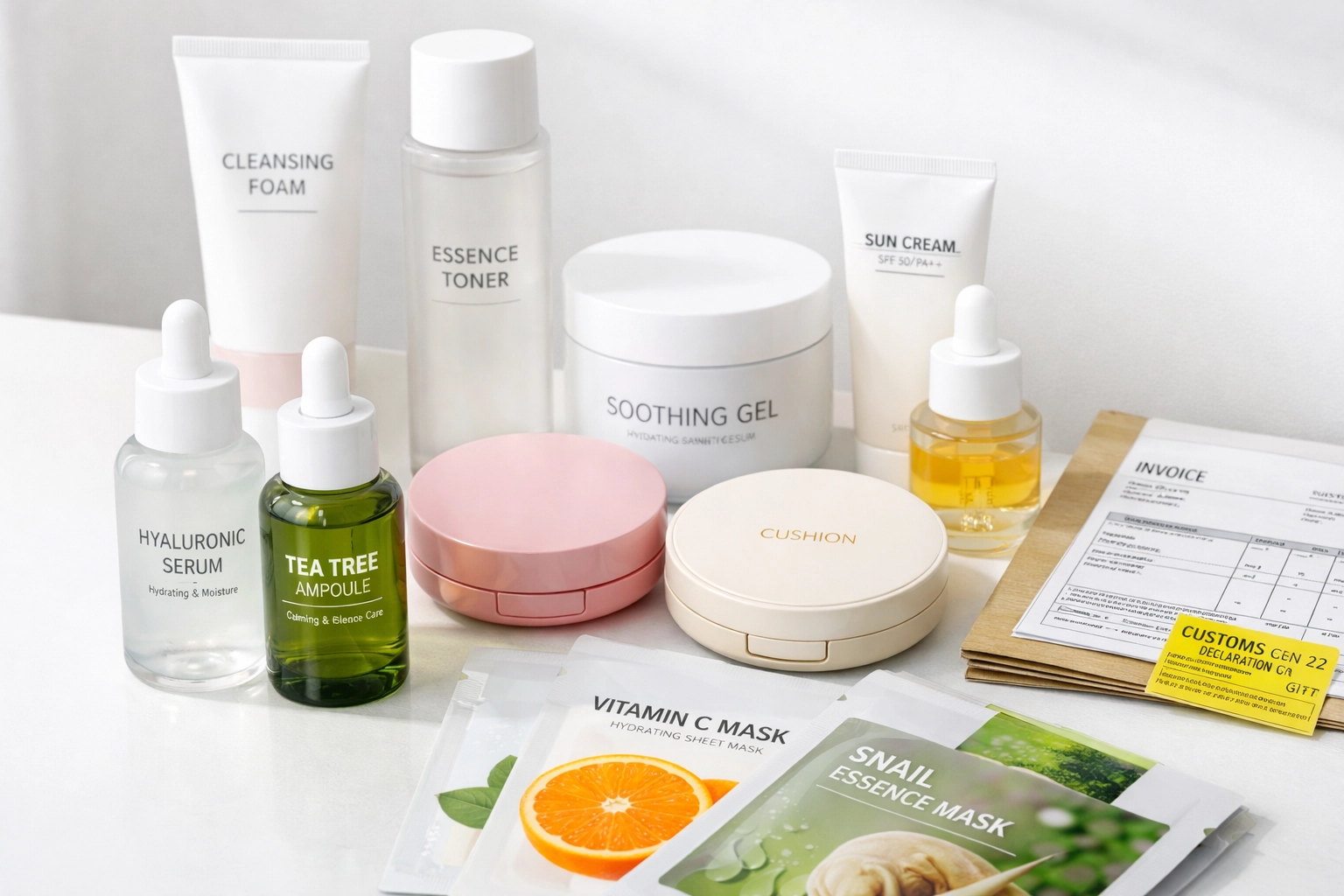 K-beauty wholesale products with DDP shipping documentation and customs clearance papers