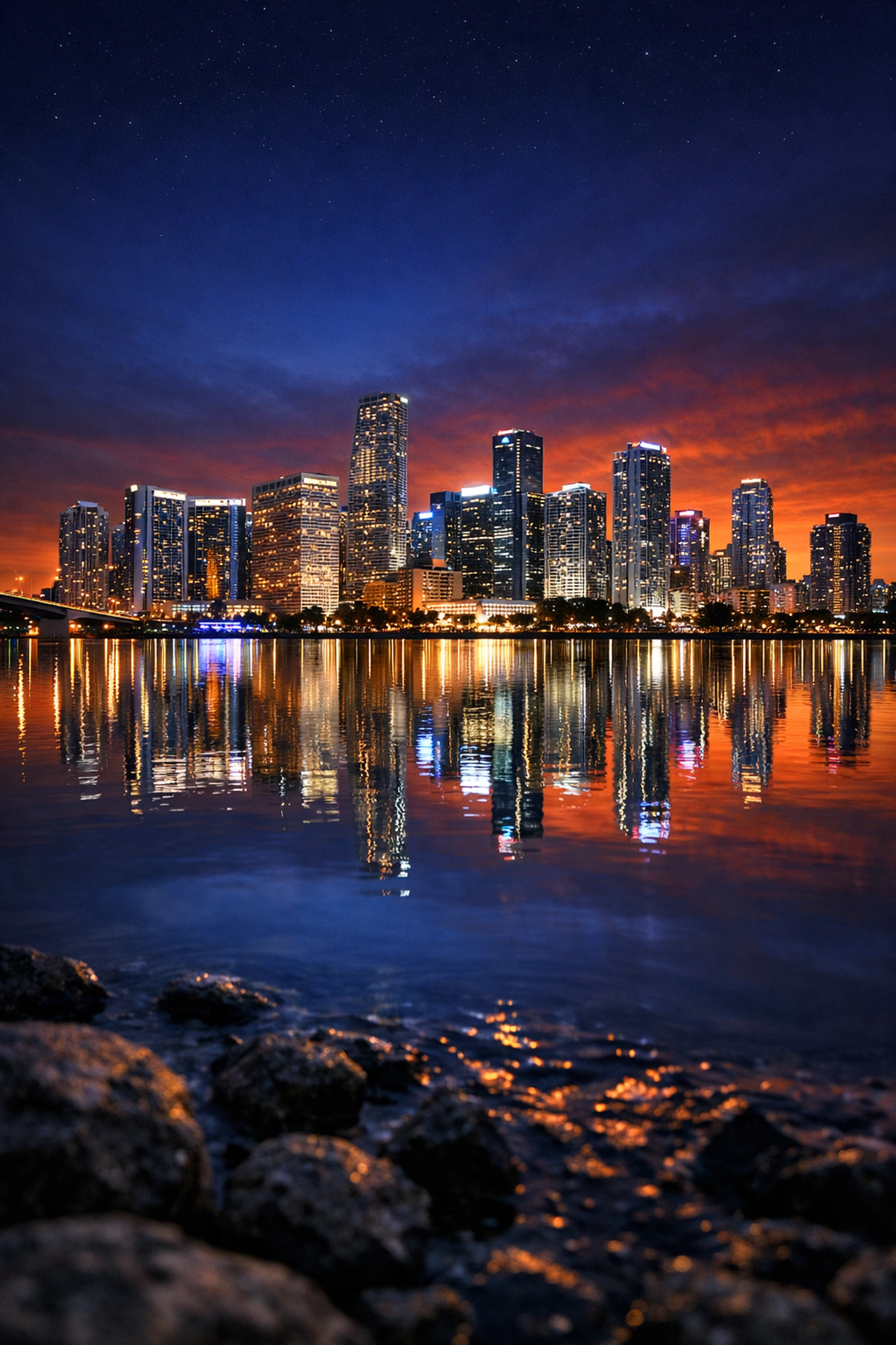 The illuminated Miami skyline reflected in the water during blue hour, showing pro commercial visuals.
