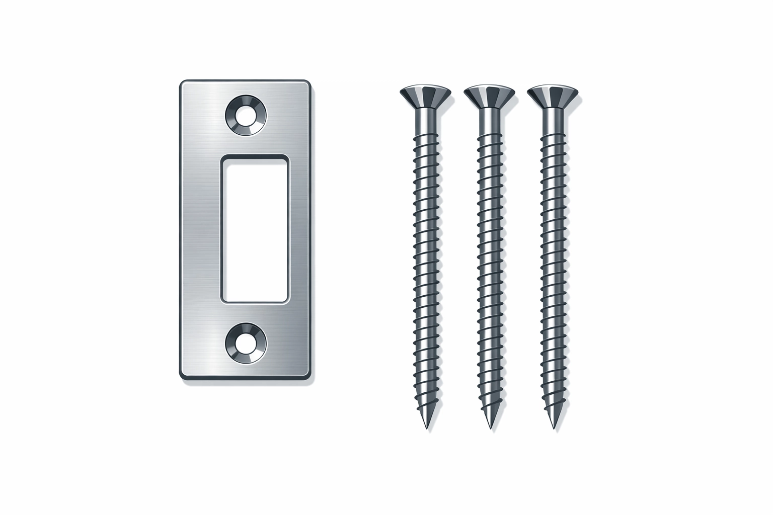 Heavy-duty metal strike plate and security screws for reinforcing doors against forced entry.