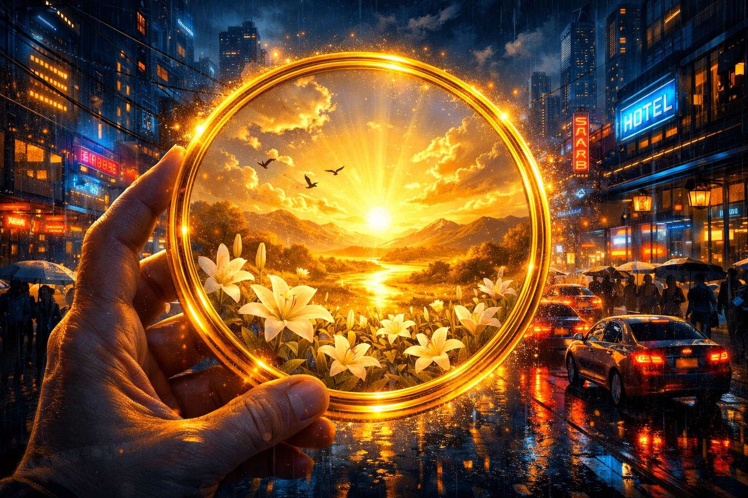 A glowing golden lens filtering a chaotic city view into a peaceful sunrise, symbolizing a biblical news perspective.