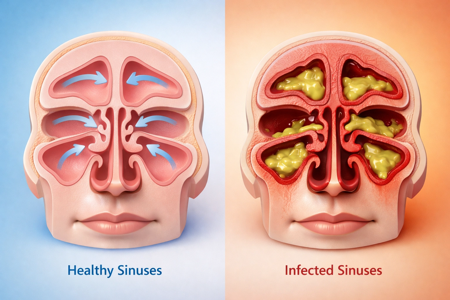 Comparison of healthy sinuses versus bacterial sinus infection with mucus buildup