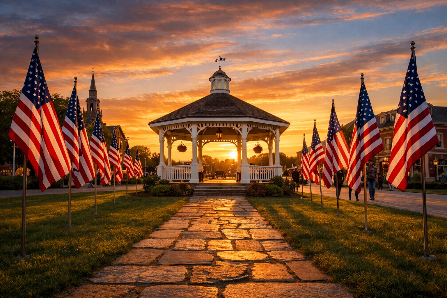 American flags in a town square during sunset, celebrating patriotic values and the 250th anniversary.