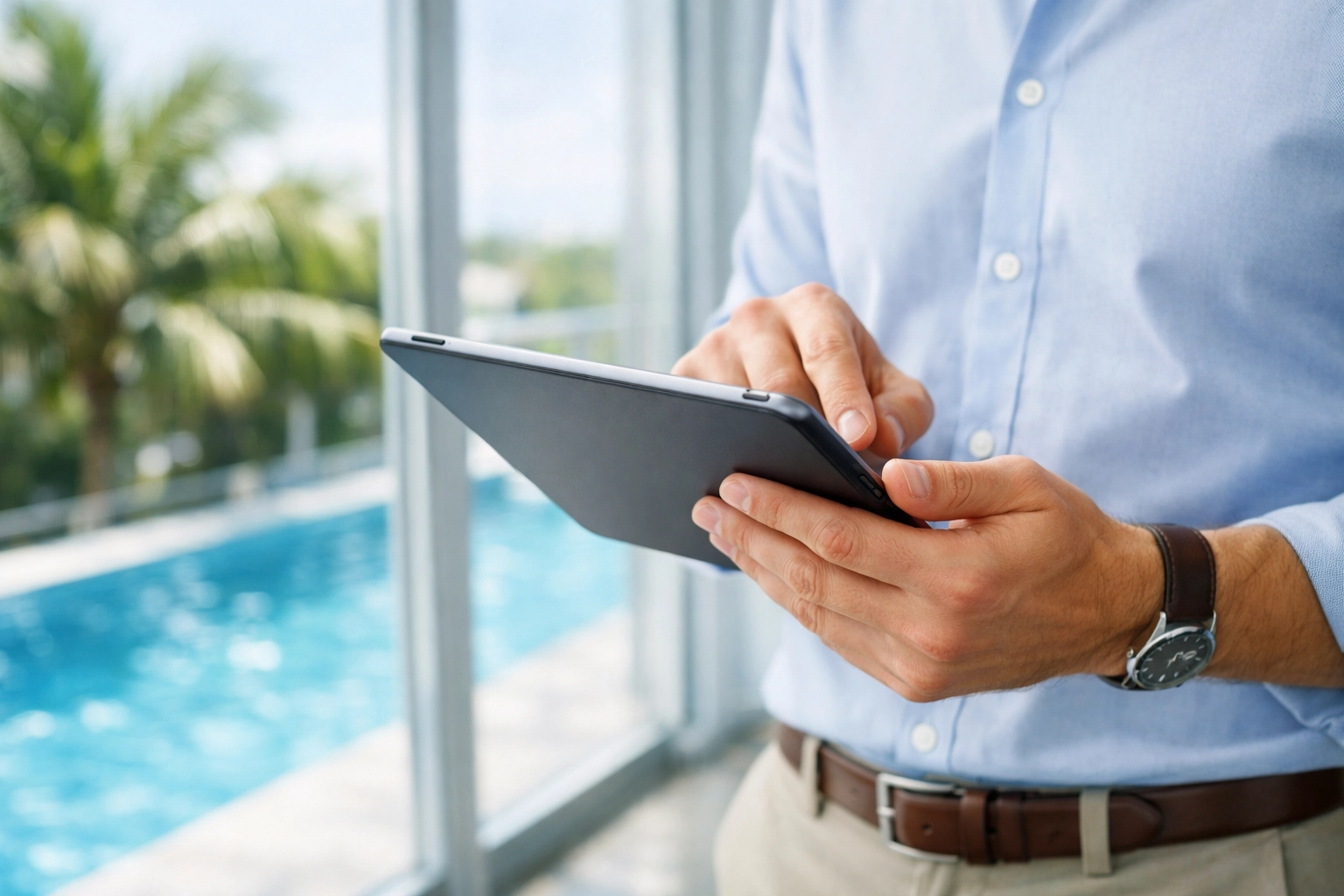 Professional pool route broker reviewing digital data on a tablet in a modern office overlooking a swimming pool.
