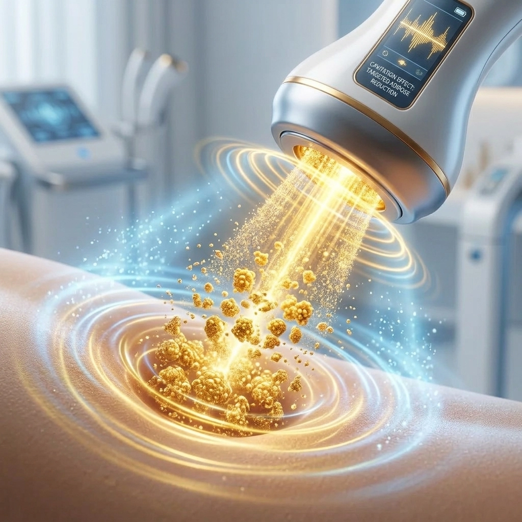 Artistic representation of ultrasonic waves breaking down fat cells