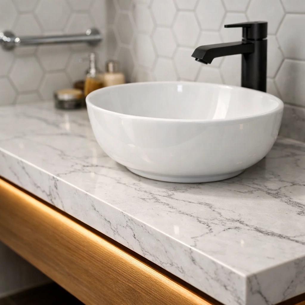 Quartz vanity countertop with modern fixtures in Orlando bathroom remodeling project
