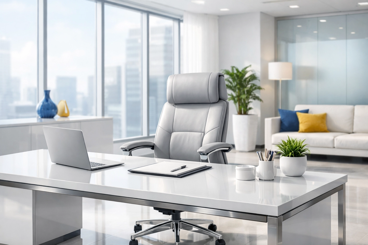 Modern workspace featuring sanitized desks after professional office cleaning in Bedford, Massachusetts.