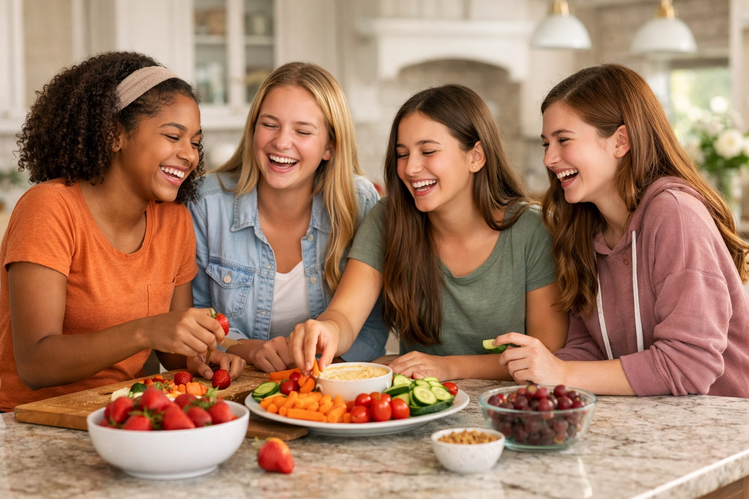 Teen girls bonding in a kitchen at a nurturing therapeutic group home for teens.