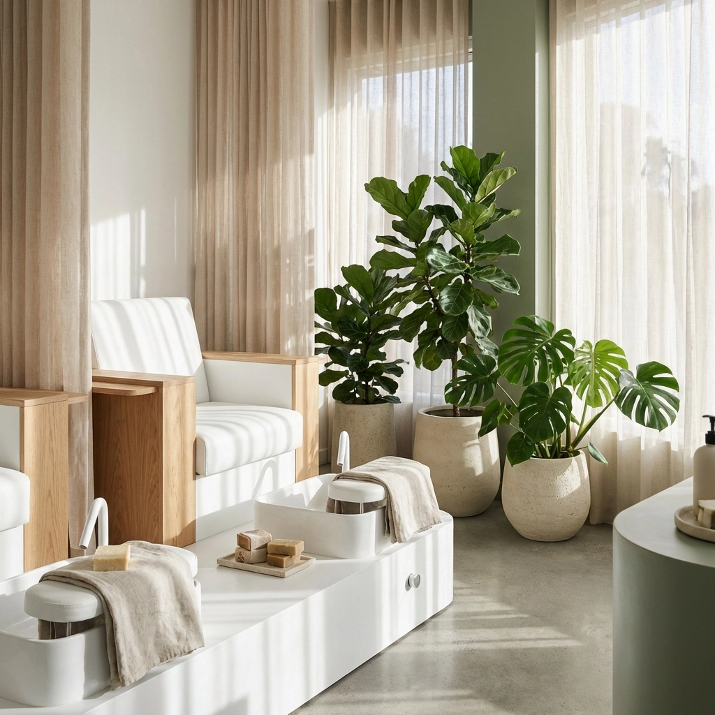 Modern nail salon interior in Norwood MA with pipeless pedicure chair and lush plants, embodying sustainable luxury.