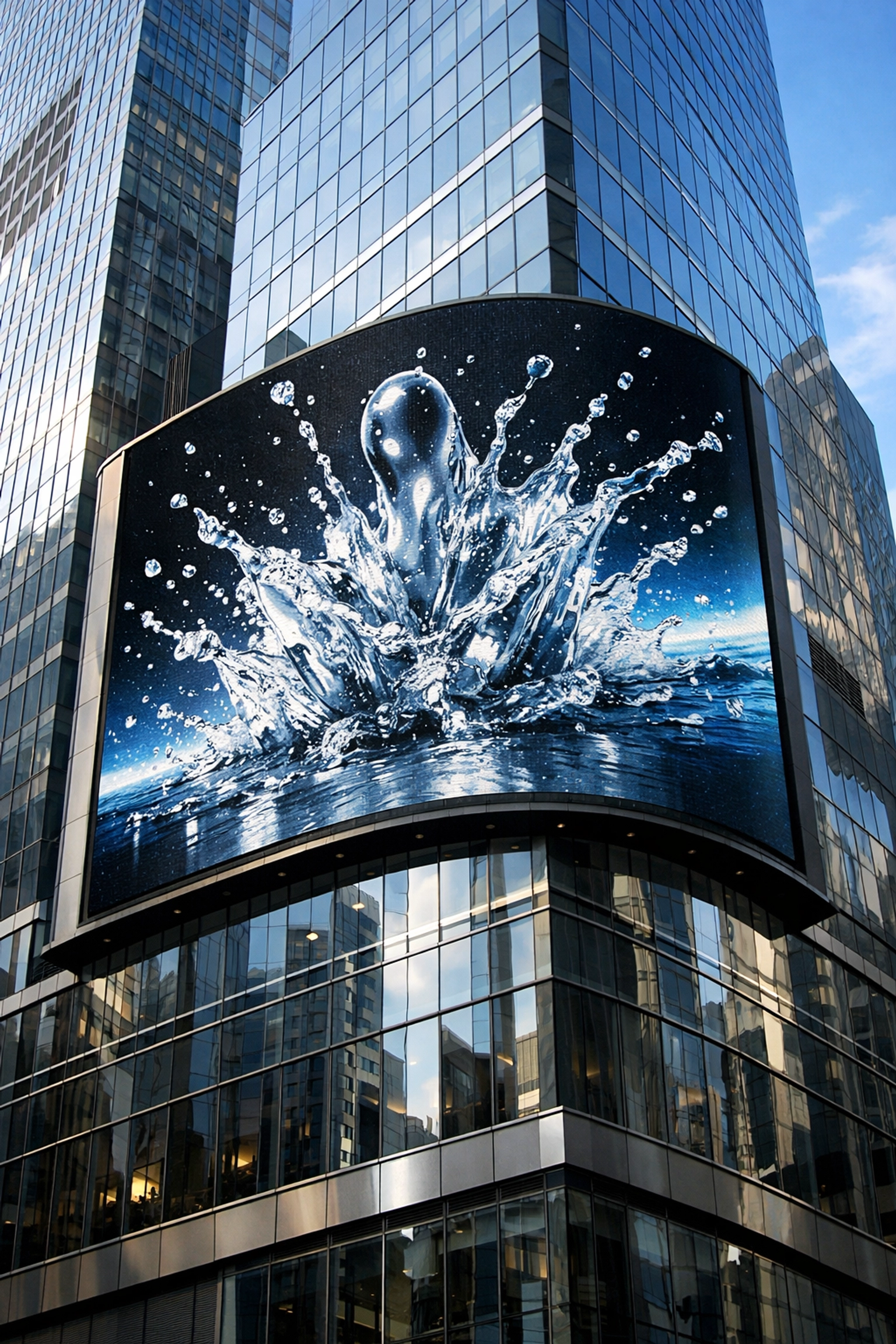 Massive curved LED billboard on an urban skyscraper featuring high-impact 3D DOOH creative content.