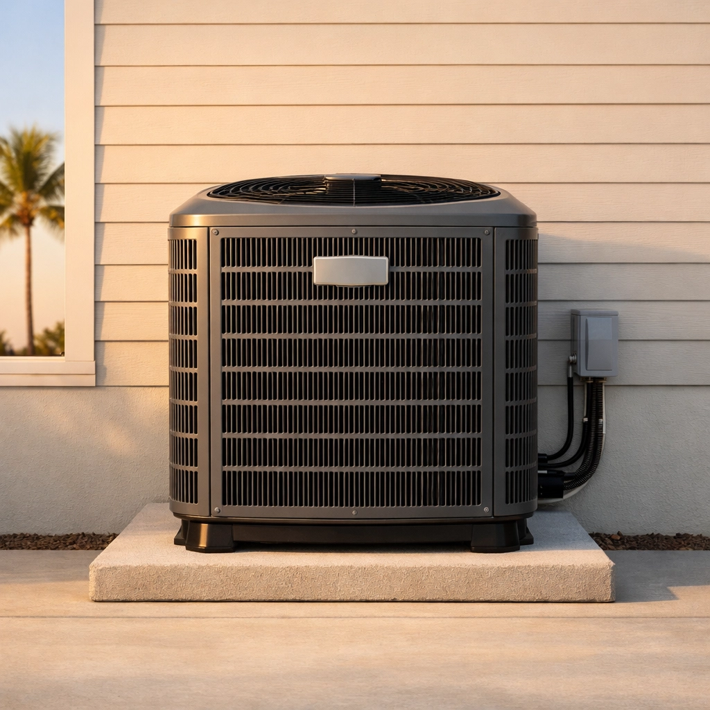 High-efficiency AC installation in Florida featuring a modern outdoor unit mounted on a code-compliant hurricane pad.