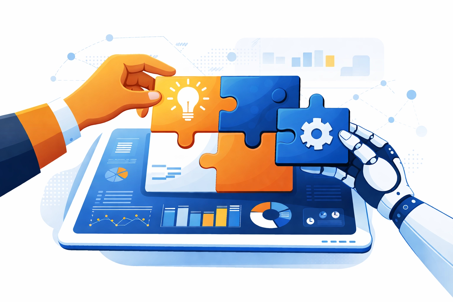 Human and robotic hands assembling puzzle pieces on a digital dashboard, illustrating AI in customer education platforms