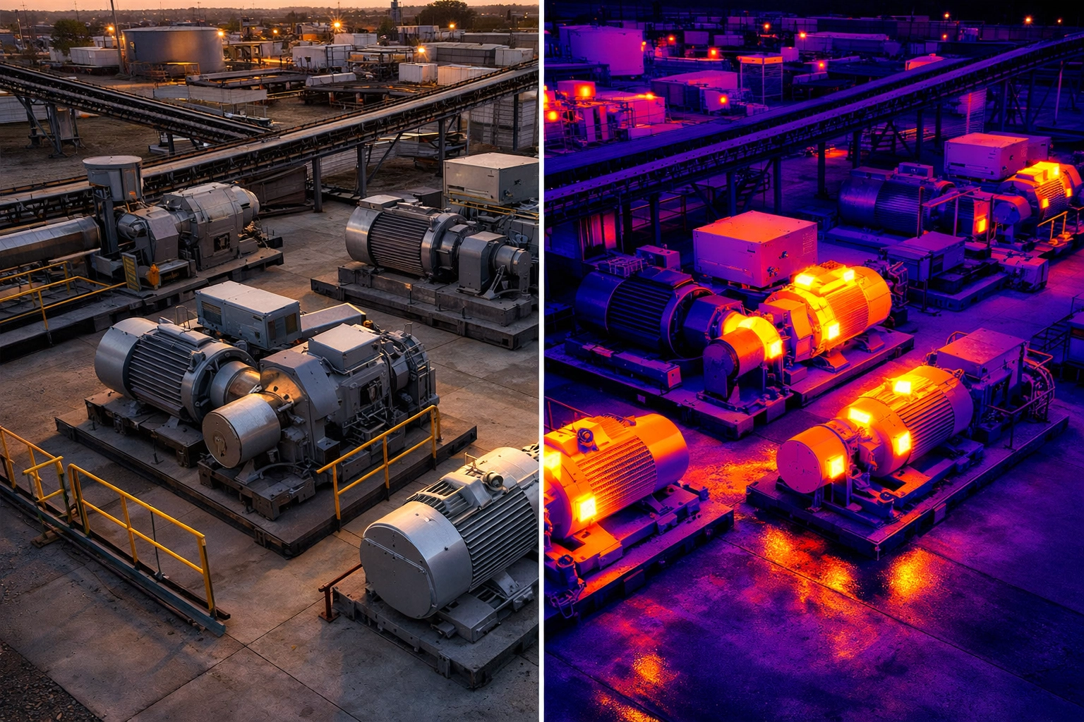 Split-screen thermal imaging comparison showing overheating industrial motors and equipment