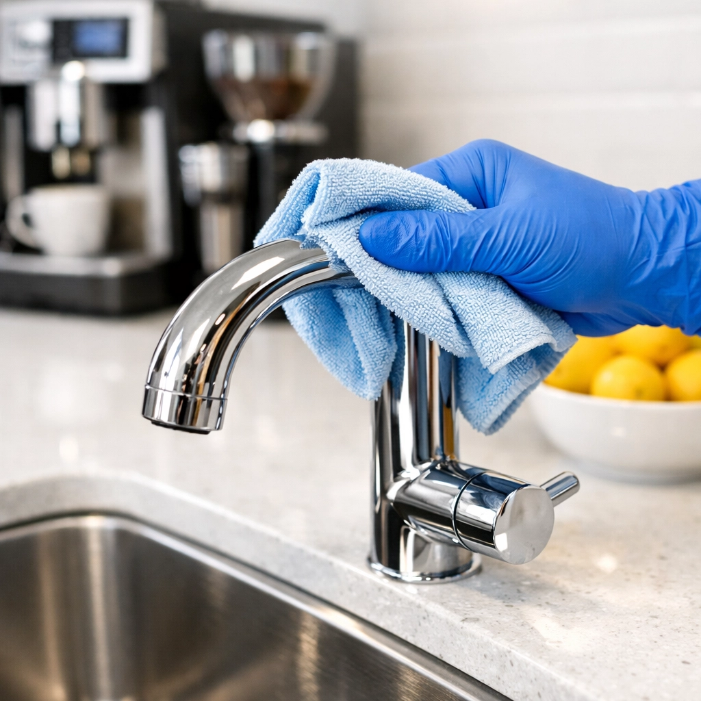 Detail-oriented Office Cleaning Cambridge MA service polishing a modern office breakroom sink.