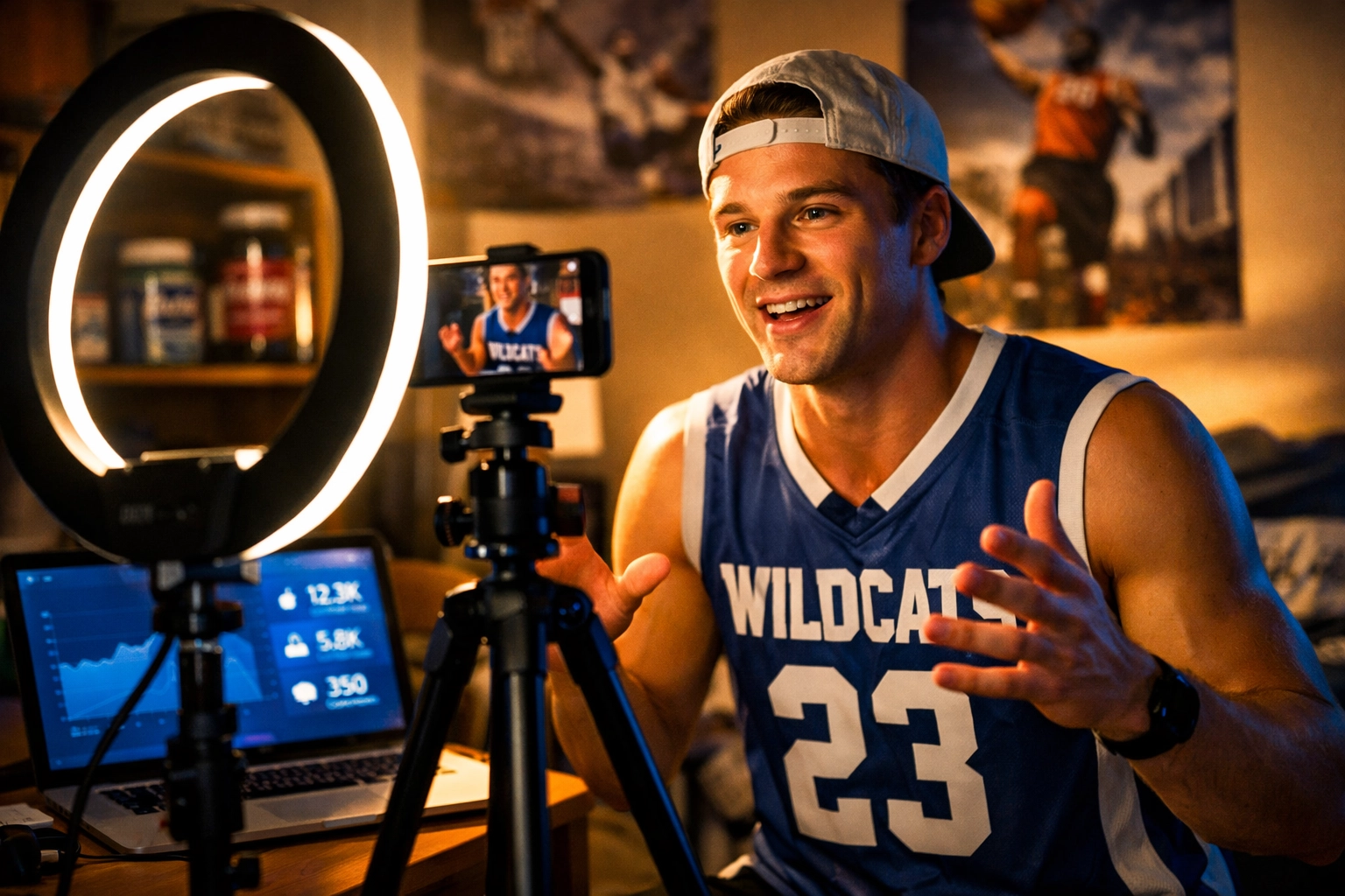 College athlete filming authentic NIL content in dorm room with smartphone and ring light