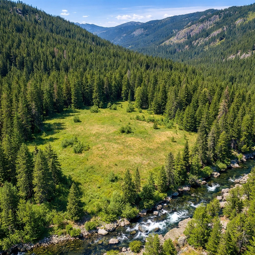 Aerial view of a raw, off-grid mountain property with a forest and natural stream.
