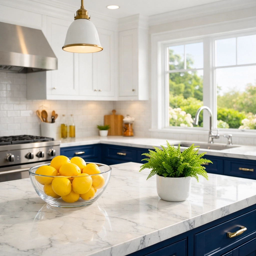 Eco-friendly cleaning for marble countertops in a luxury Marblehead coastal home kitchen.