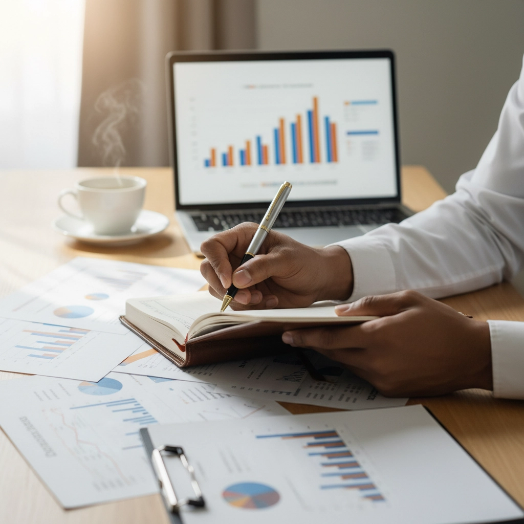 Person writing notes in a planner during a financial planning session with charts and a laptop.