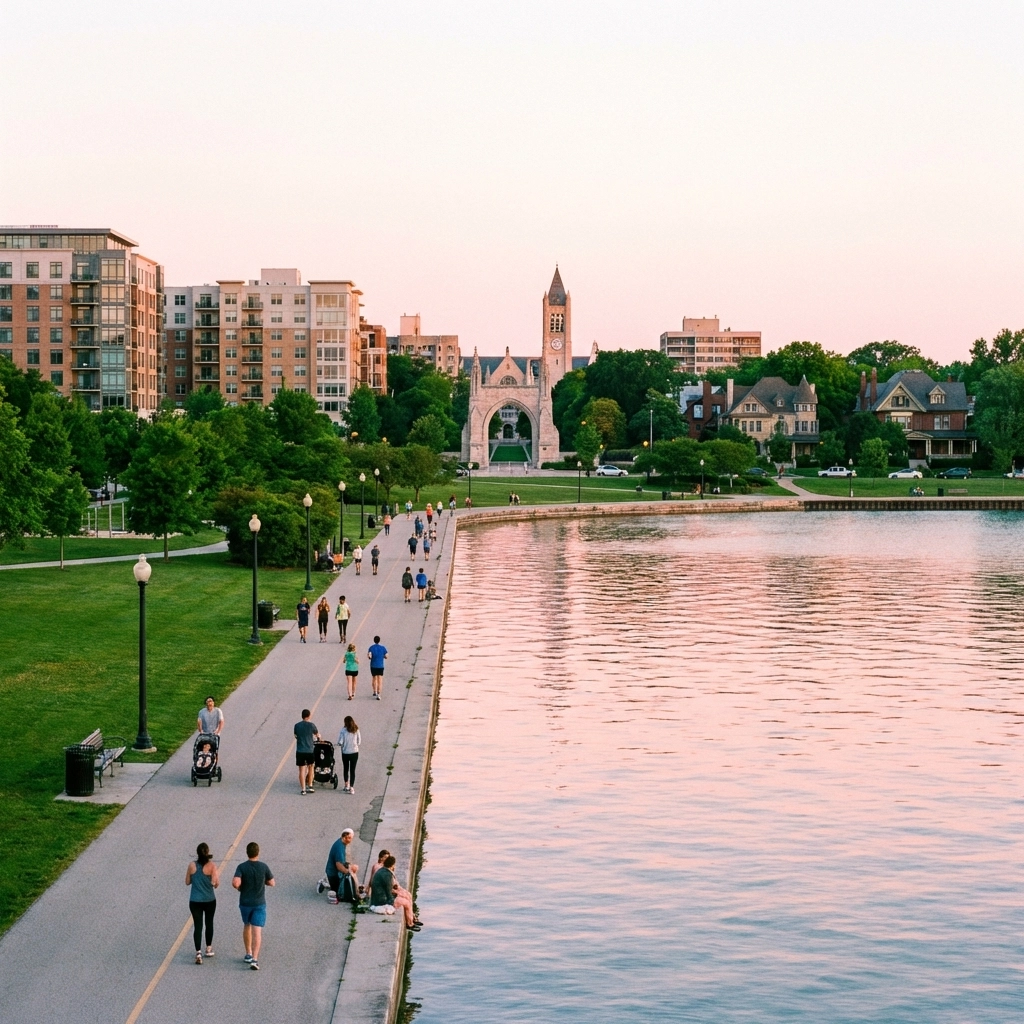 Evanston lakefront at sunrise with Northwestern University, families jogging, and scenic Lake Michigan views: urban-suburban charm.