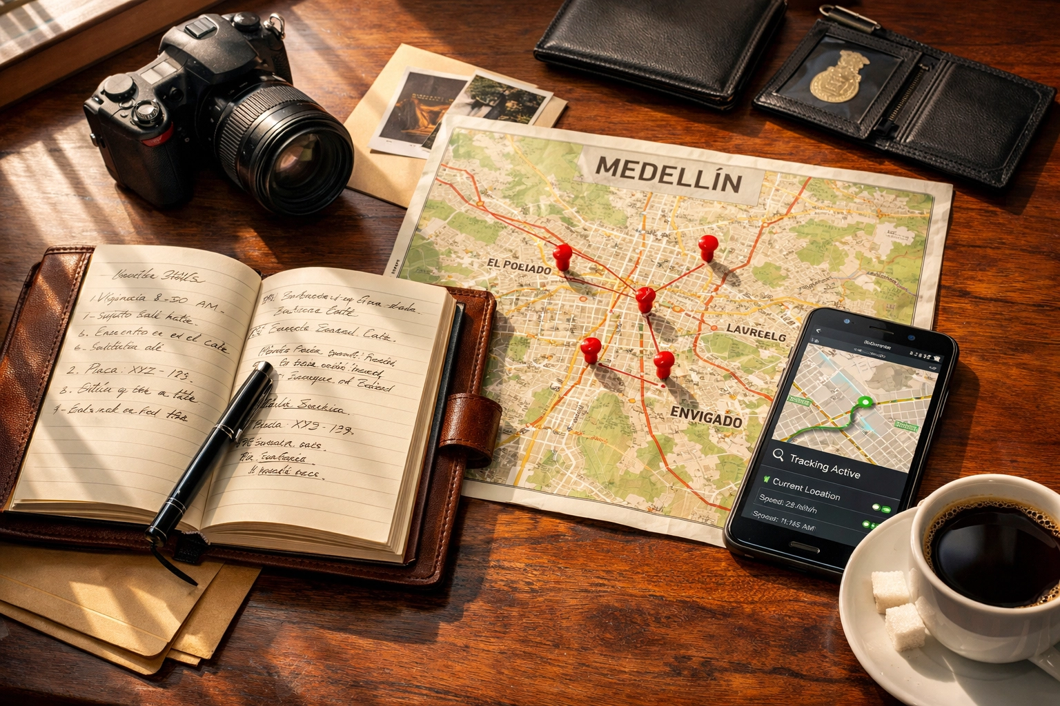 Private investigator desk with Medellin map, GPS tracking tools, and investigation notes