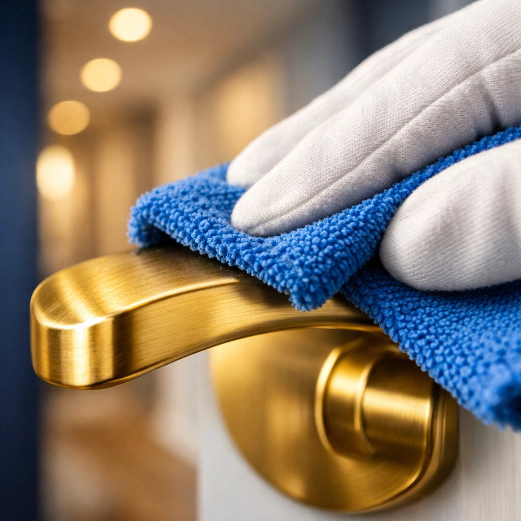Expert hand disinfecting a high-touch door handle during a luxury house cleaning Natick MA session.