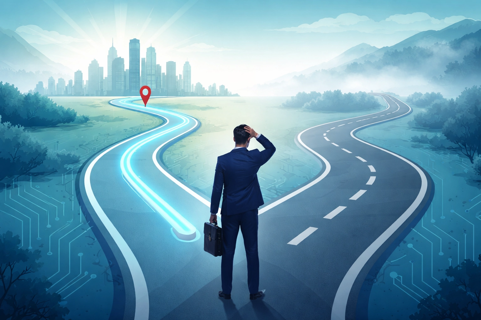 Business professional at a crossroads highlighting the value of strategic IT planning for Northern Michigan organizations