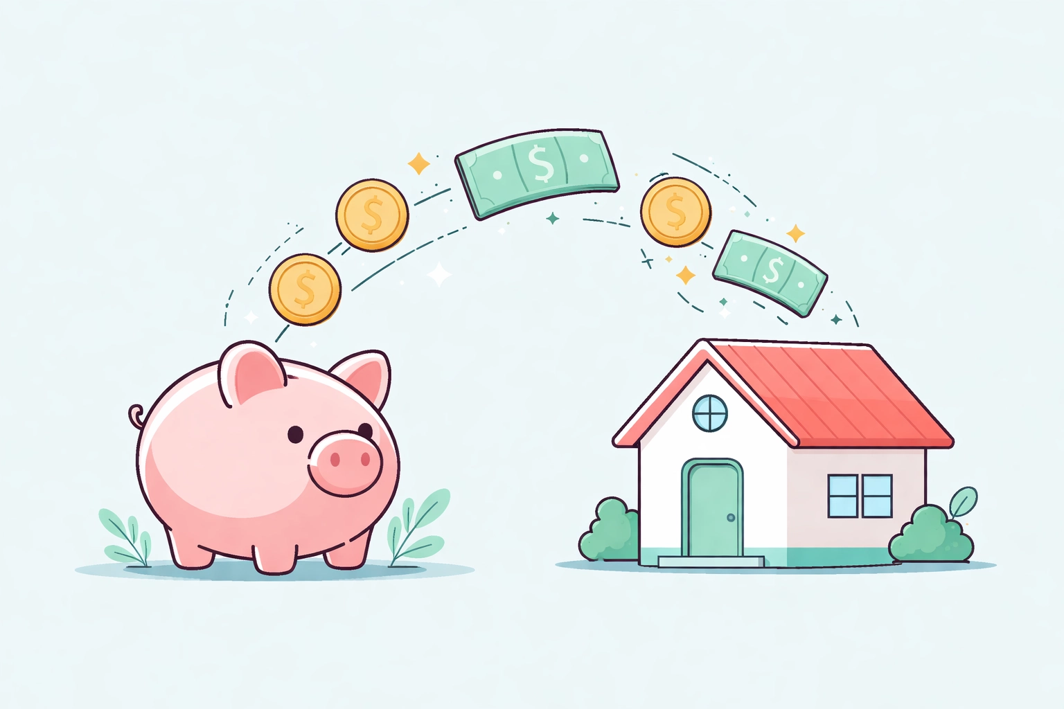 Alcancía y casa nueva simbolizando ahorro para el enganche y costos iniciales de vivienda