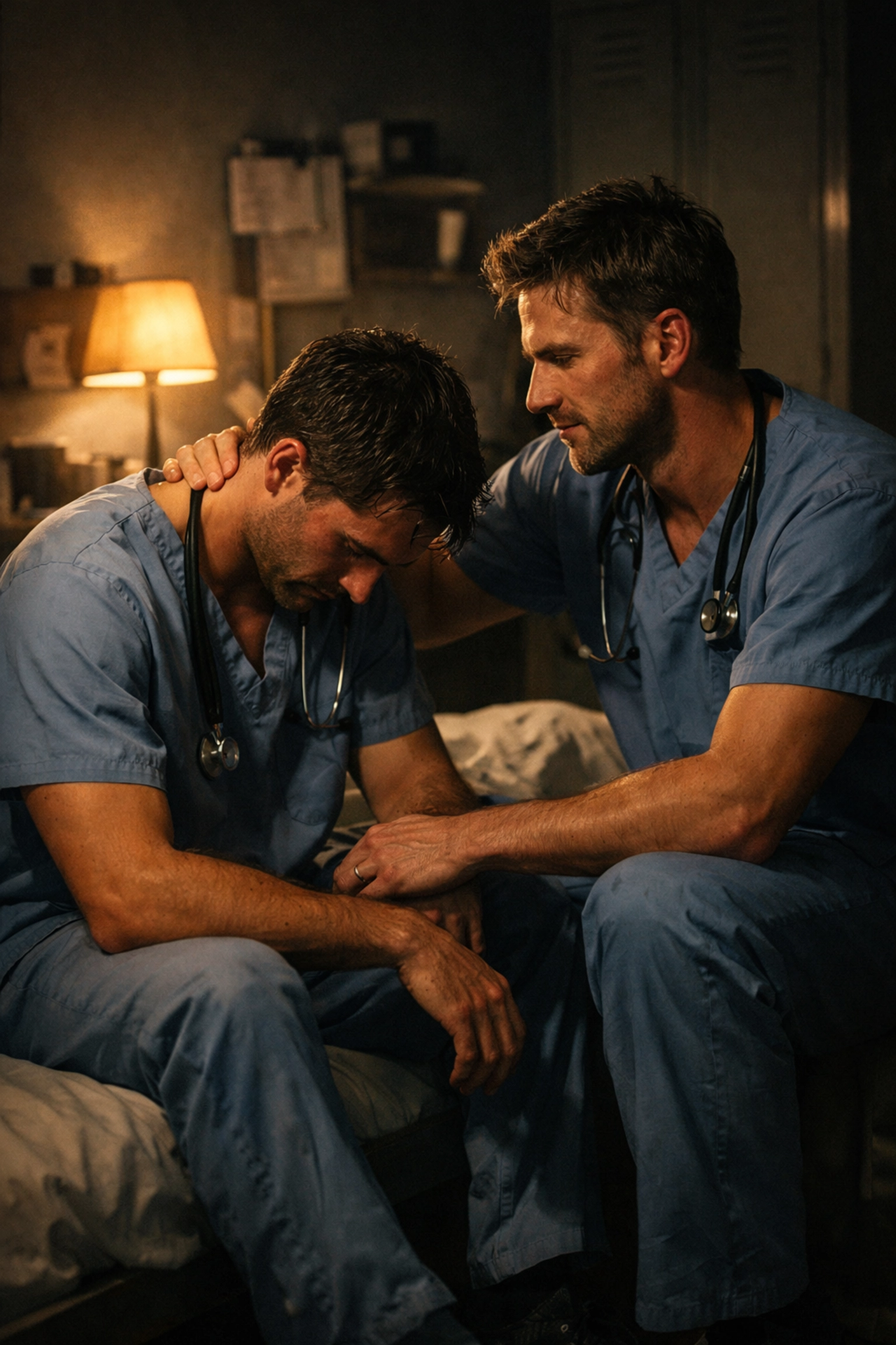 Surgeons sharing a quiet moment in an on-call room, a classic scene from steamy MM romance novels.
