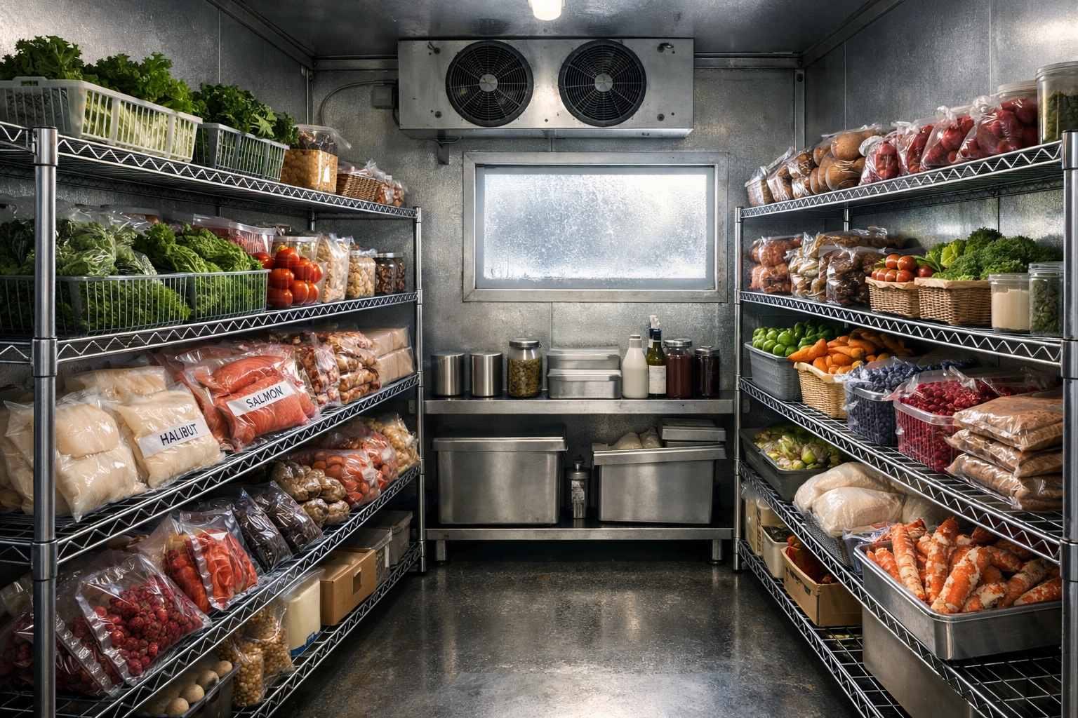 Professional walk-in cooler in an Alaska kitchen filled with fresh produce, illustrating restaurant inventory risks.