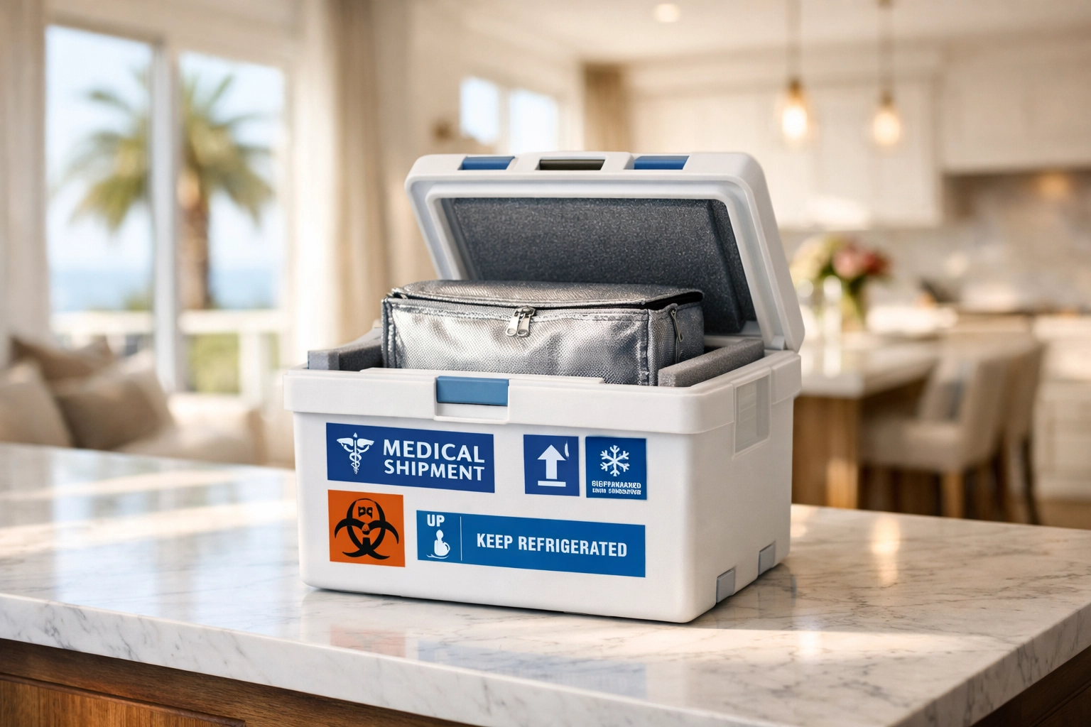 Medical cold-chain shipping box for tirzepatide delivery on a kitchen counter in a California home.