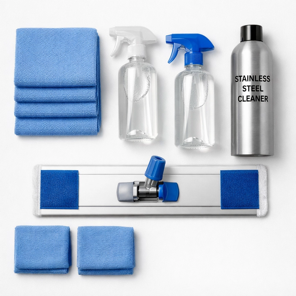 Professional elevator cleaning supplies including microfiber cloths and cleaning solutions