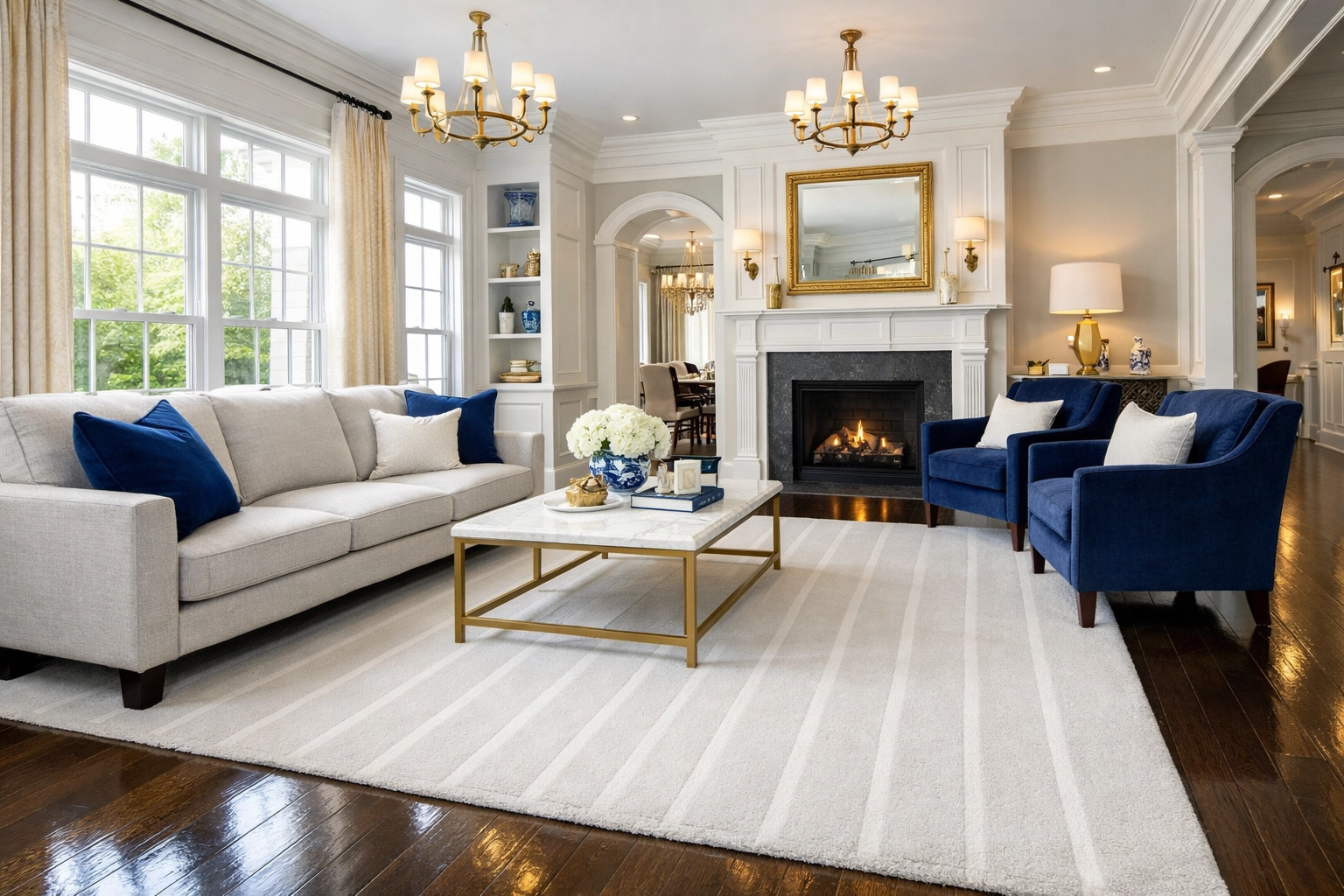 Immaculate living room after professional deep house cleaning in Medfield with perfect vacuum lines.