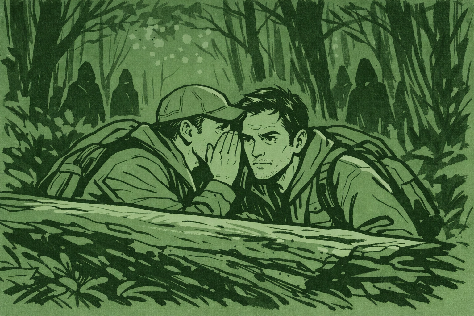 Gay thriller scene: two men hide behind log as shadowy cult figures pursue through woods