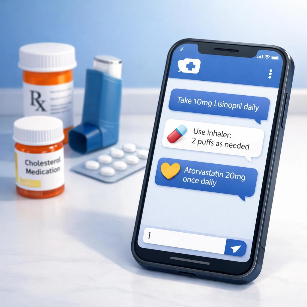 Smartphone displaying medical chat with maintenance medication bottles for blood pressure, asthma, and cholesterol