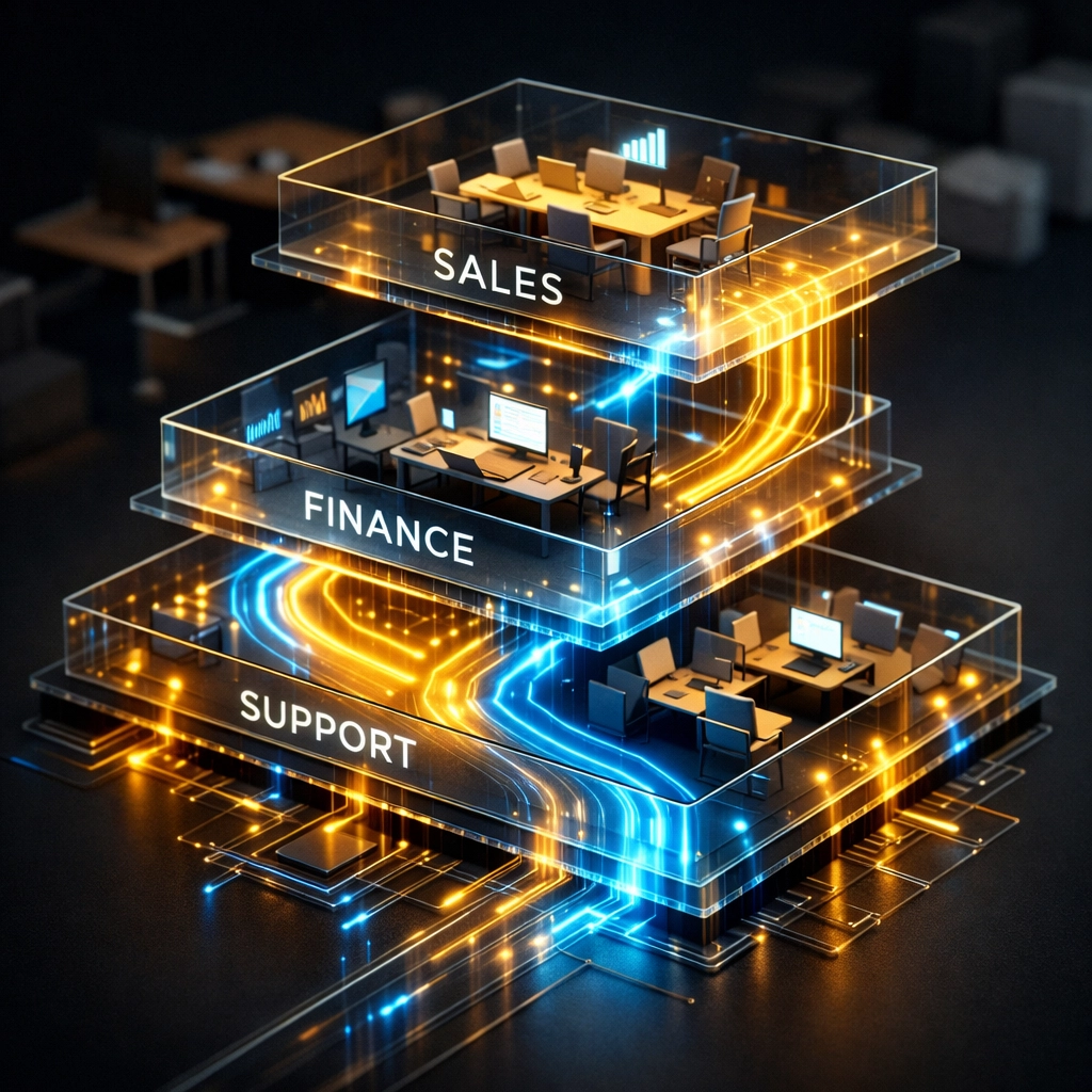 Interconnected digital data streams representing AI business automation solutions for scaling operations efficiently.