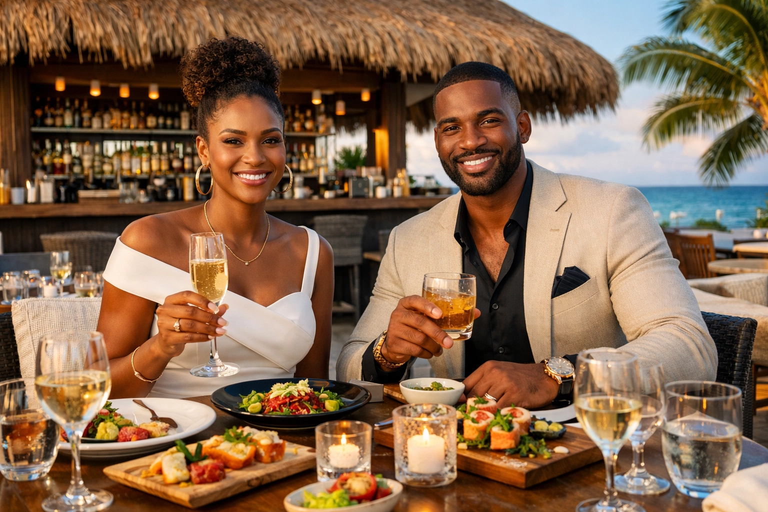 Couple enjoying a gourmet dinner at a luxury property during their Lifestyle Resorts booking.