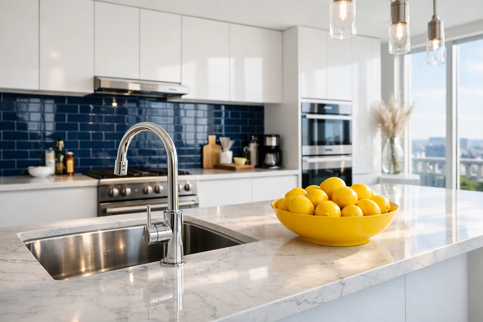 Clean modern apartment kitchen with a sparkling sink and white marble countertops.