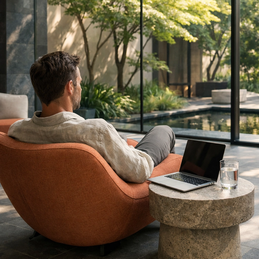 Hotel guest relaxing in a contemporary garden courtyard with a laptop, highlighting modern stay trends.