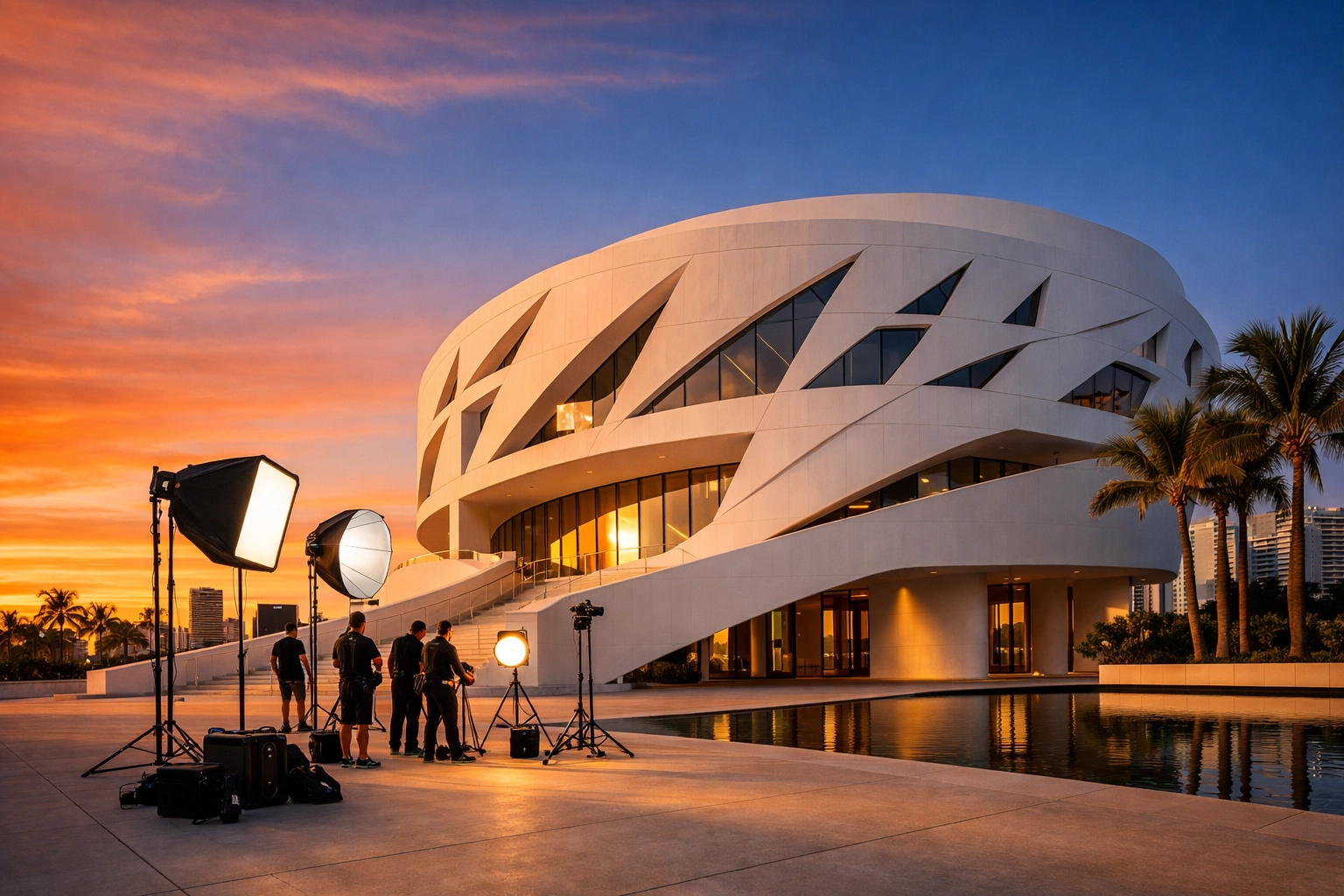 Wide angle of a luxury Miami event venue at golden hour, highlighting professional lighting and scale.