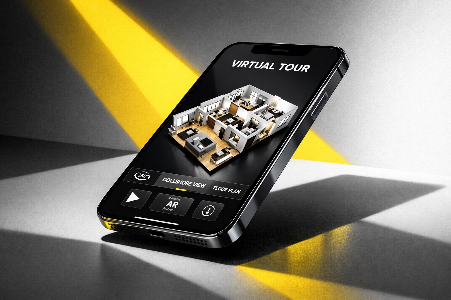 Smartphone displaying immersive 3D property walkthrough with dollhouse interior view