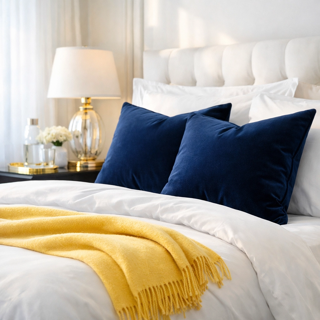 Clean luxury bedroom with crisp white linens demonstrating how house cleaning creates a restorative mental state.