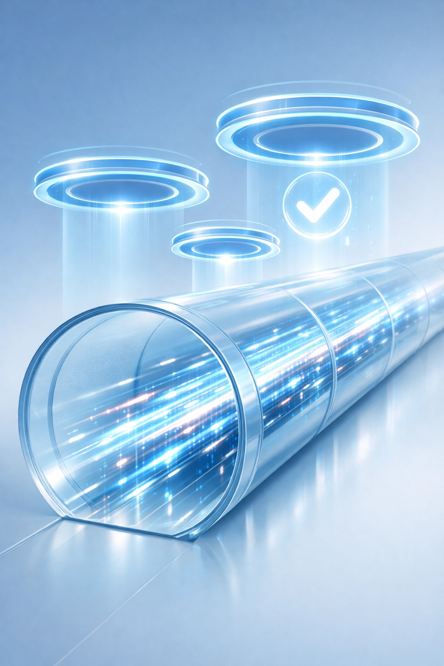 A glowing data conduit showing secure, high-speed information transfer and real-time monitoring.
