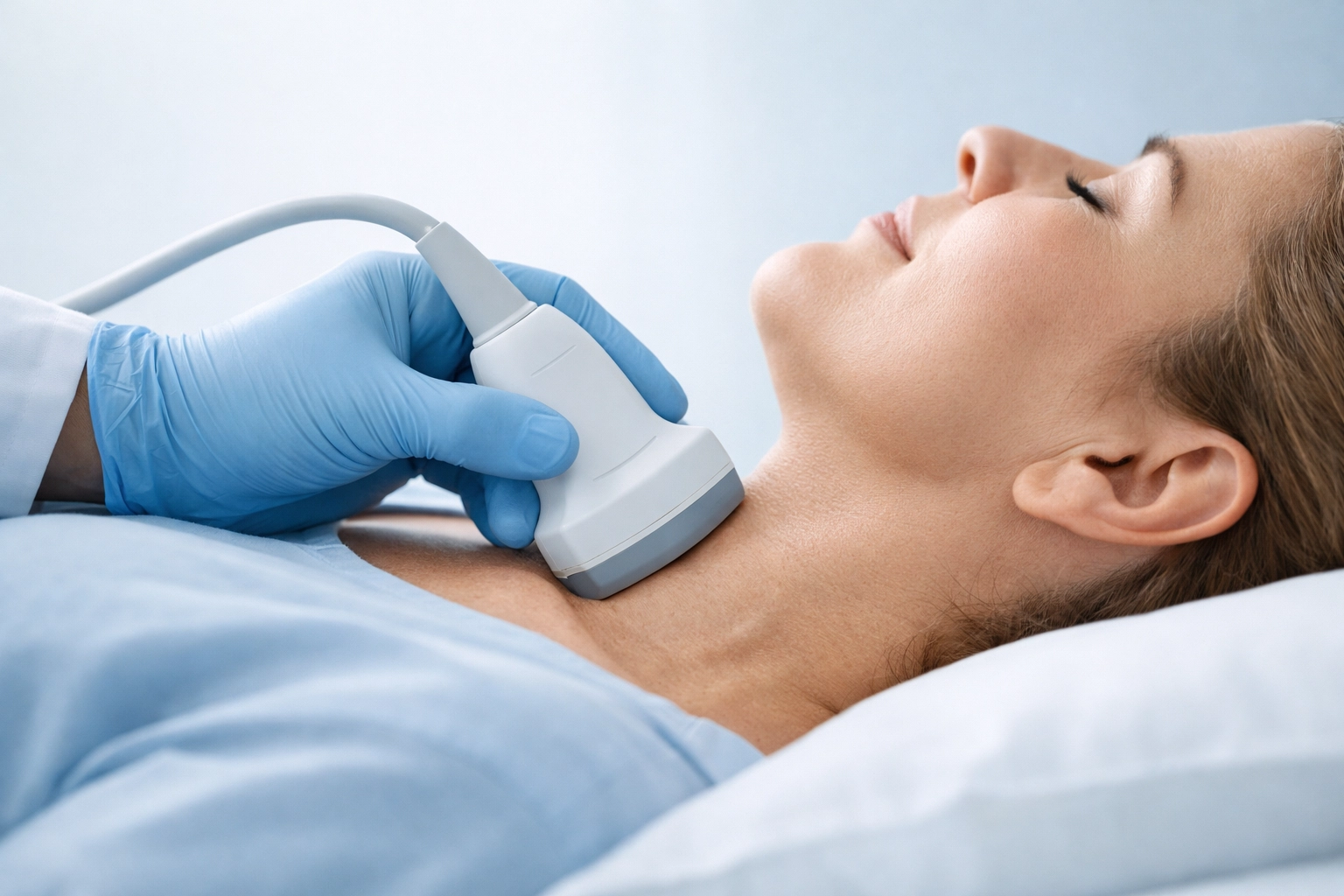 Carotid ultrasound procedure showing transducer on patient's neck for stroke prevention screening