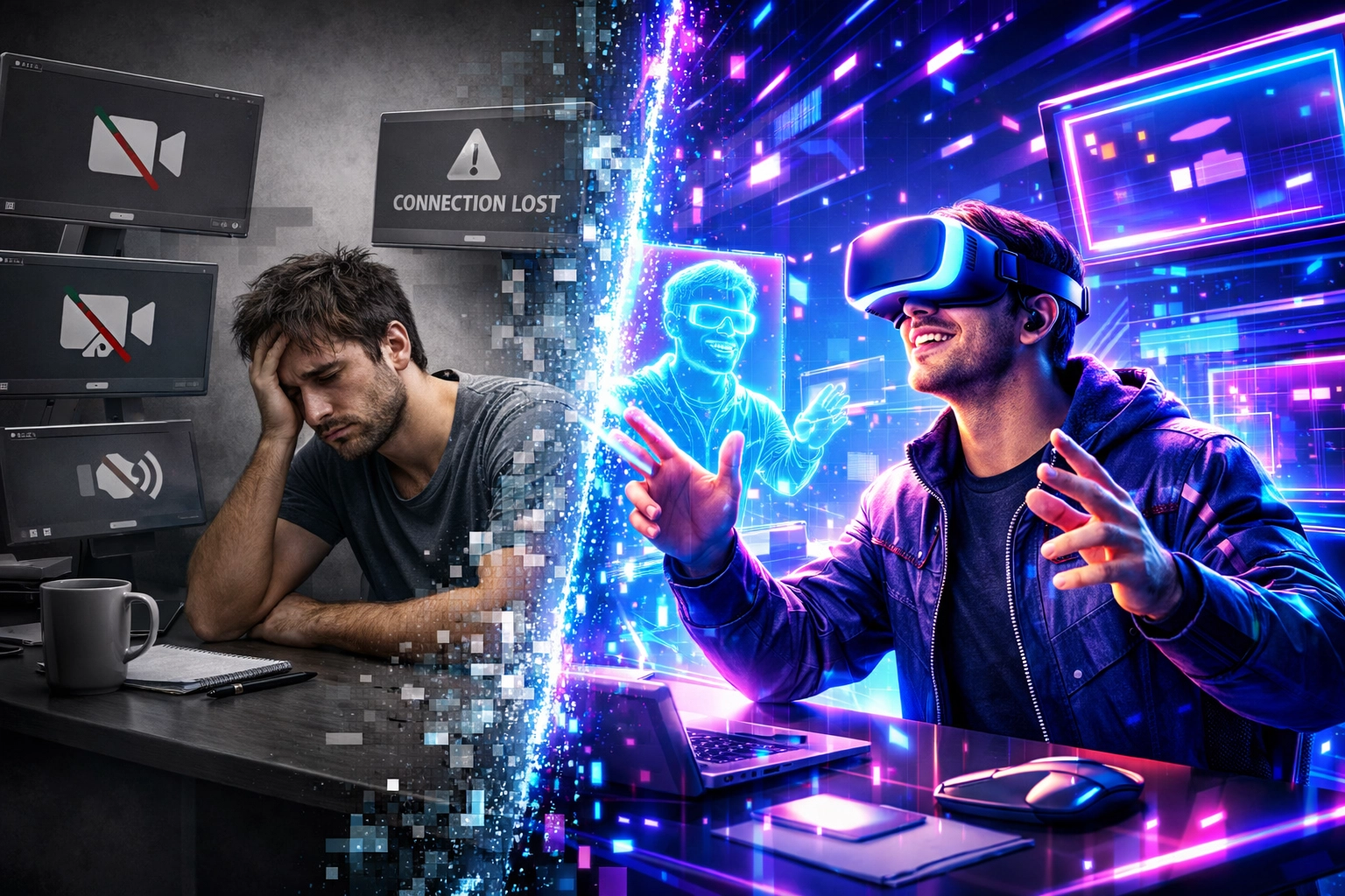 Remote worker transforming from exhausted video calls to engaged VR team building experience