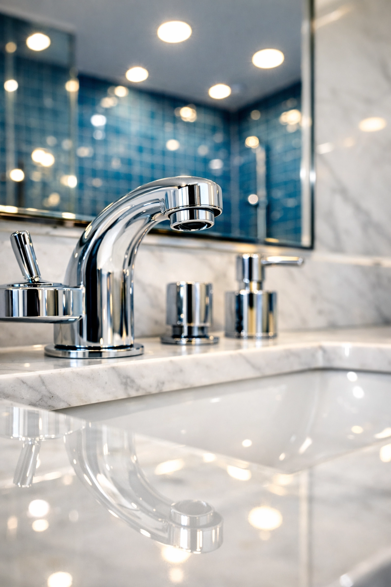 Polished bathroom surfaces and chrome fixtures showing the results of professional deep cleaning and maintenance.